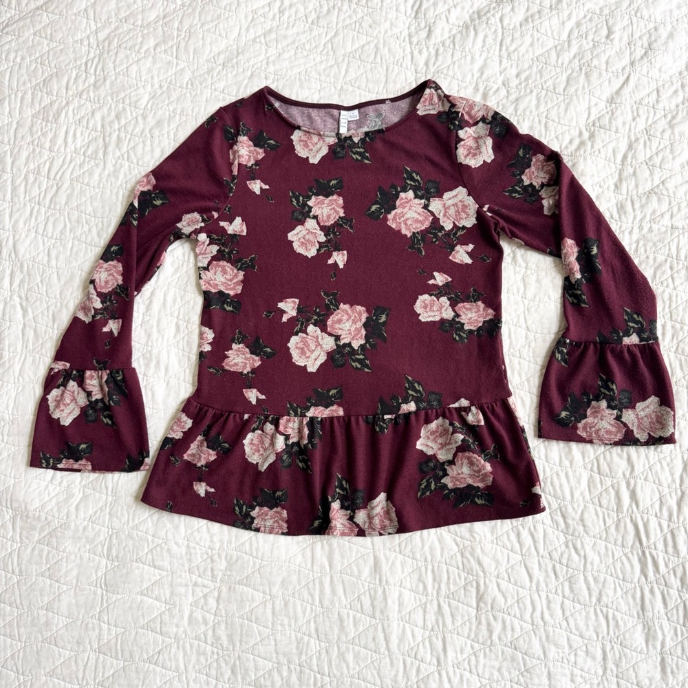 ELLE Cottagecore Floral Peplum Ruffle Top Size Small Bell Sleeve Boho Romantic